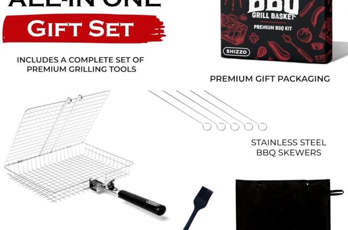 SHIZZO stainless steel grill basket set with handle and accessories, ideal for BBQ, grilling veggies, and outdoor cooking.