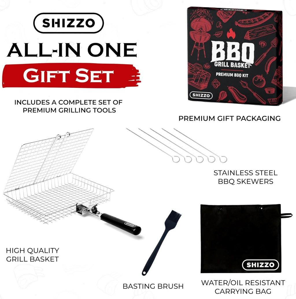 SHIZZO stainless steel grill basket set with handle and accessories, ideal for BBQ, grilling veggies, and outdoor cooking.