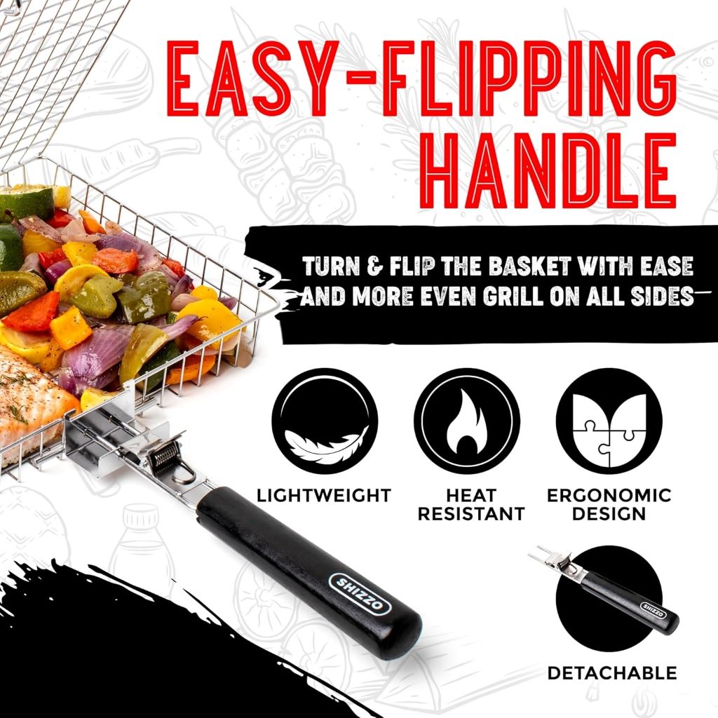 SHIZZO portable grill basket set displayed at a campsite BBQ, showcasing stainless steel build and grilling versatility.