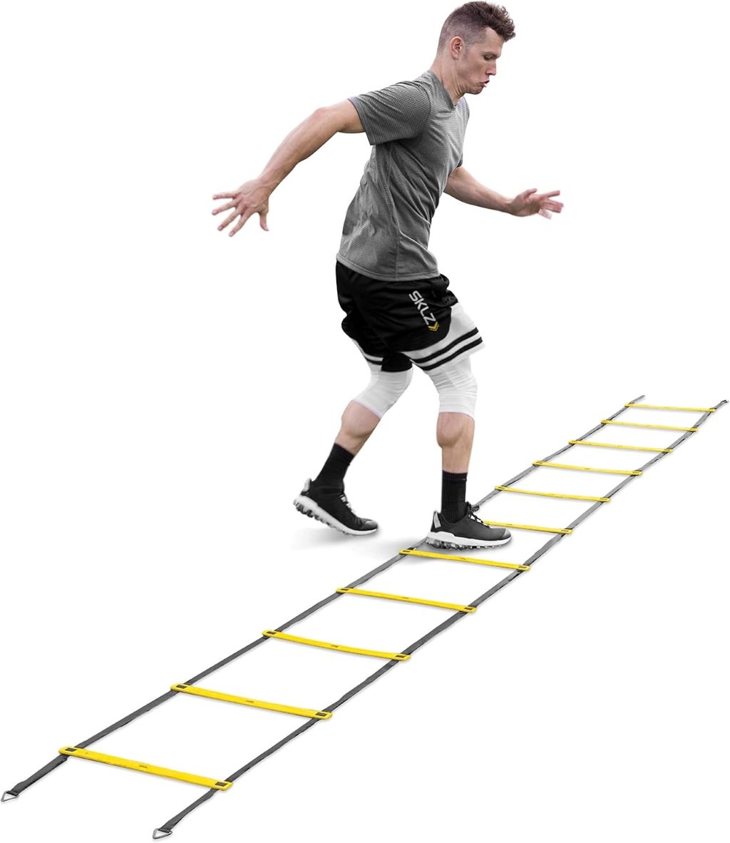 Athlete training with SKLZ Speed and Agility Ladder to improve footwork and coordination.
