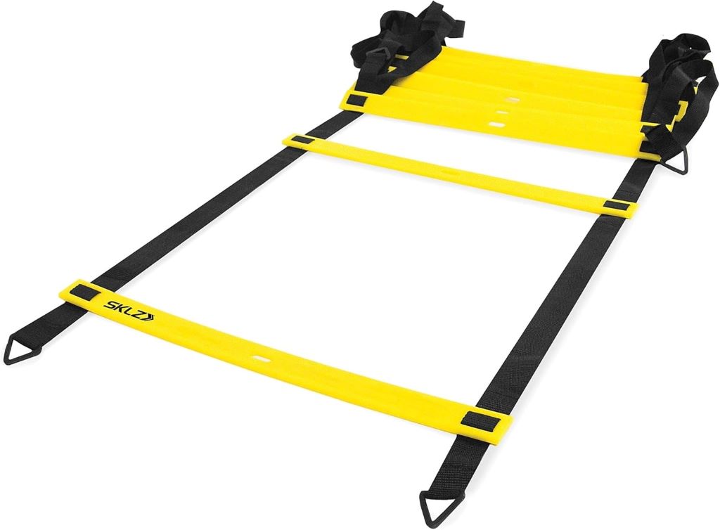 SKLZ Agility Ladder laid out on grass for soccer, football, and fitness workouts.