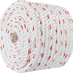 SearQing 5/8 inch x 200 FT polyester arborist bull rope in white and red, designed for tree rigging and pulling.