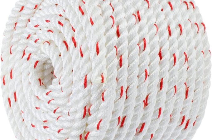 SearQing 5/8 inch x 200 FT polyester arborist bull rope in white and red, designed for tree rigging and pulling.