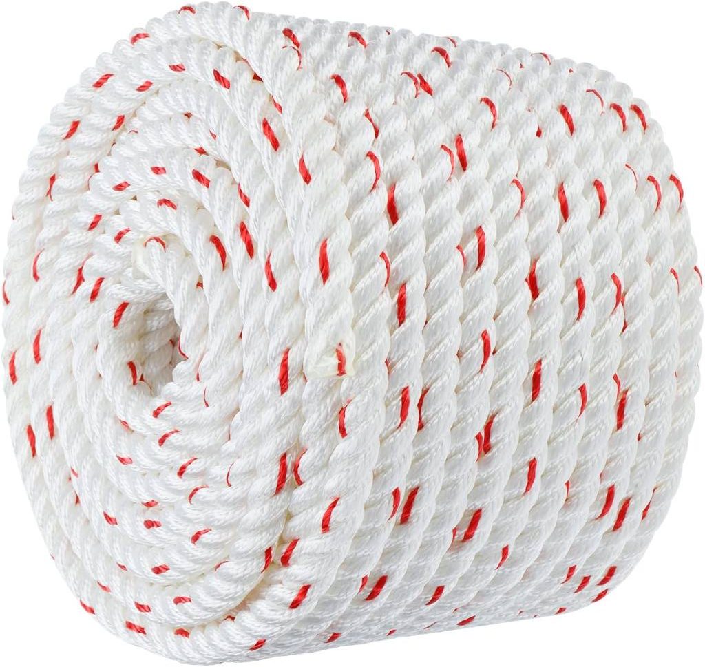 SearQing 5/8 inch x 200 FT polyester arborist bull rope in white and red, designed for tree rigging and pulling.
