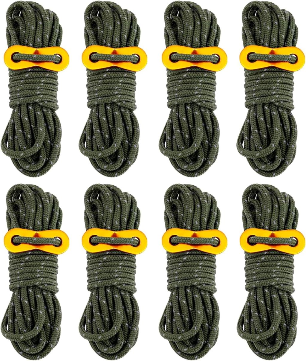 Eight ultralight Smithok 4mm tent cords with aluminum adjusters displayed on a camping surface, showcasing compact and durable design.