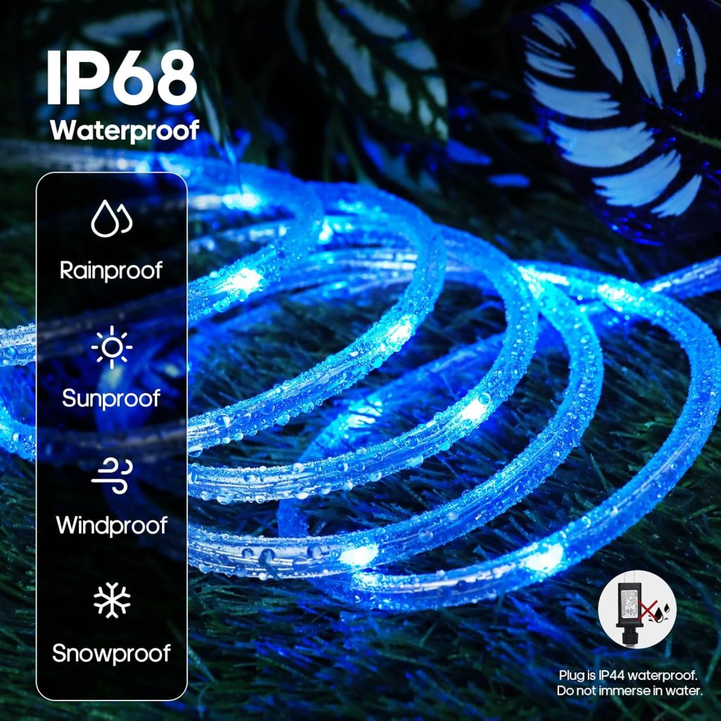 An eye-level shot shows the 40-foot Soiarllt LED rope light coiled on a table. The rope light is a flexible, cylindrical tube with a translucent white exterior