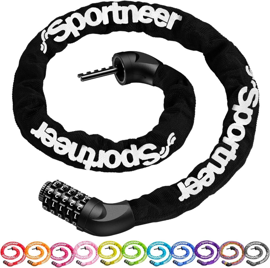 Sportneer 5-digit heavy-duty bike chain lock laid out in full length, showing thick chain links and keyless combination dial.
