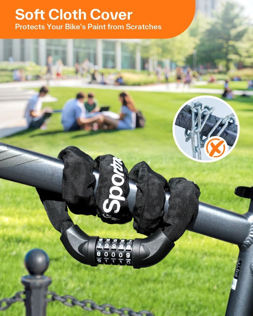 Sportneer bike chain lock securing a bicycle to a rack, featured in high-security keyless lock review for urban cyclists.