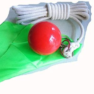 Suzakoo rubber exercise ball with rope shown against a neutral background, designed for martial arts and fitness training.