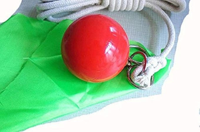 Suzakoo rubber exercise ball with rope shown against a neutral background, designed for martial arts and fitness training.