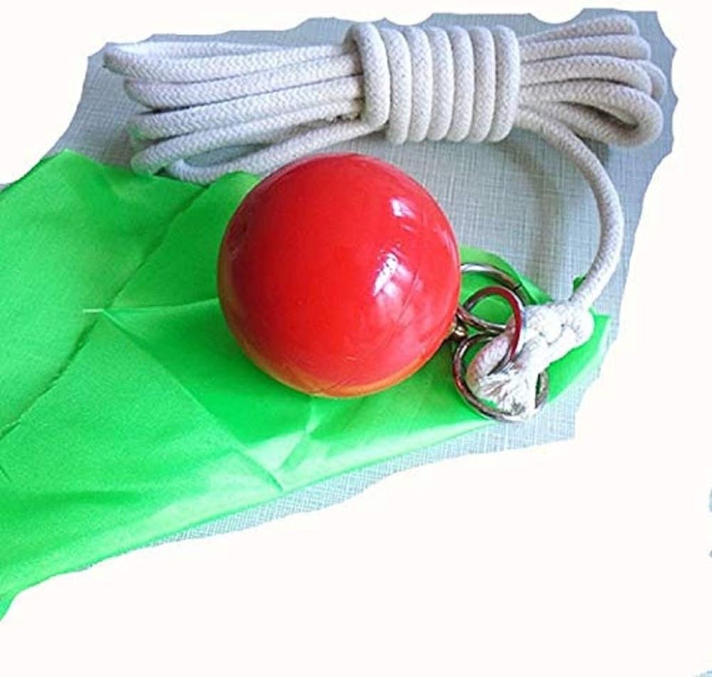 Suzakoo rubber exercise ball with rope shown against a neutral background, designed for martial arts and fitness training.