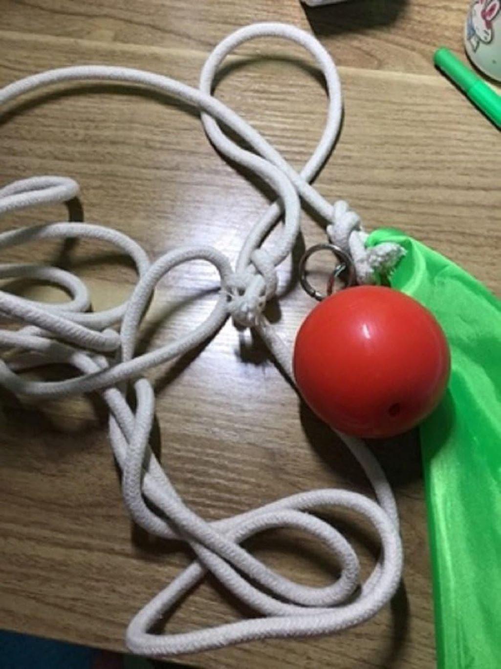 Close-up of Suzakoo exercise ball with attached rope, highlighting grip texture and build quality for combat sports workouts.