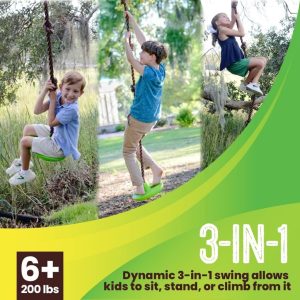 Child enjoying the Swurfer Disco Tree Swing outdoors, highlighting its sturdy build and easy installation.