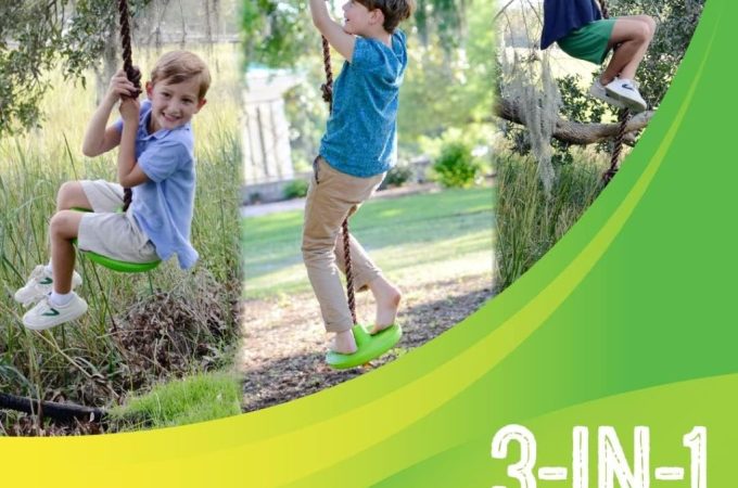 Child enjoying the Swurfer Disco Tree Swing outdoors, highlighting its sturdy build and easy installation.