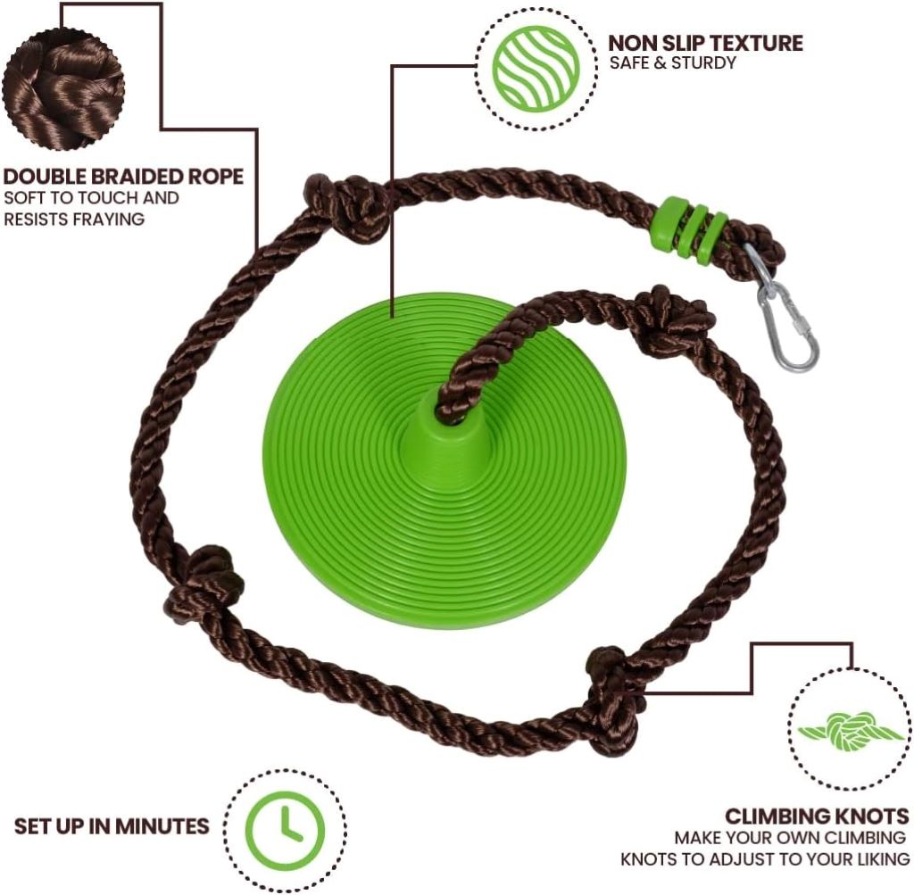Close-up of the Swurfer Disco Swing with durable seat and adjustable ropes, designed for safe outdoor play.