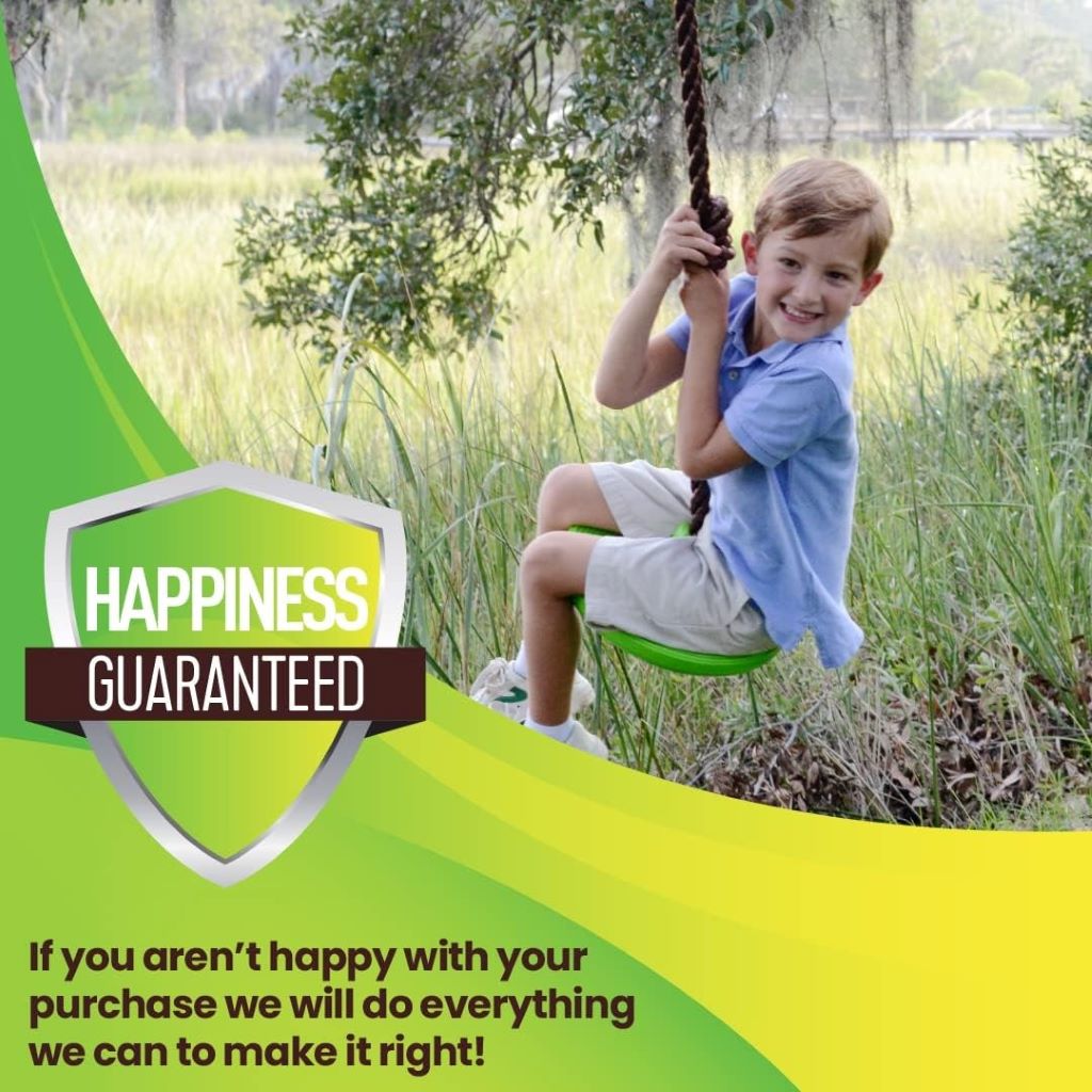 Swurfer Disco Tree Swing hanging from a backyard tree, showcasing its heavy-duty adjustable rope design for kids.