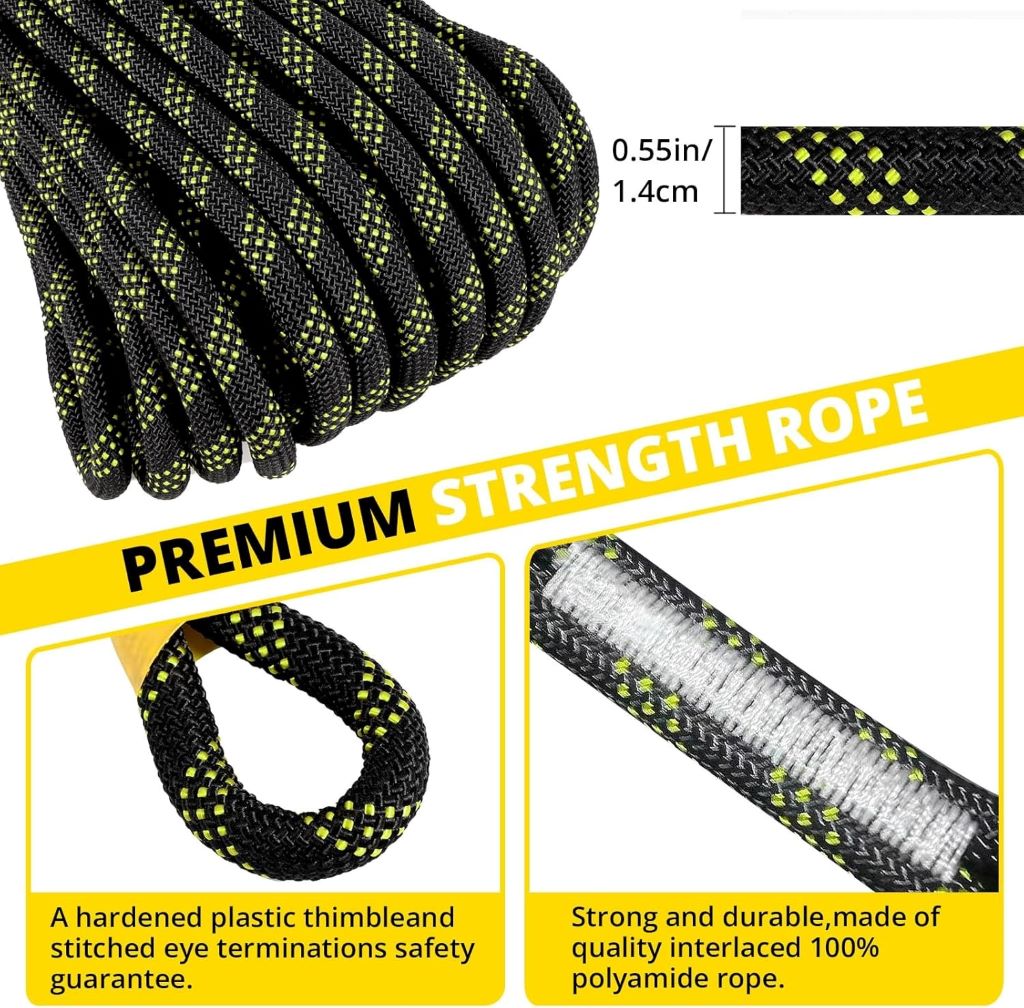 TRSMIMA 50ft rope harness safety lanyard with grab hooks and shock absorber for roofing and climbing.
