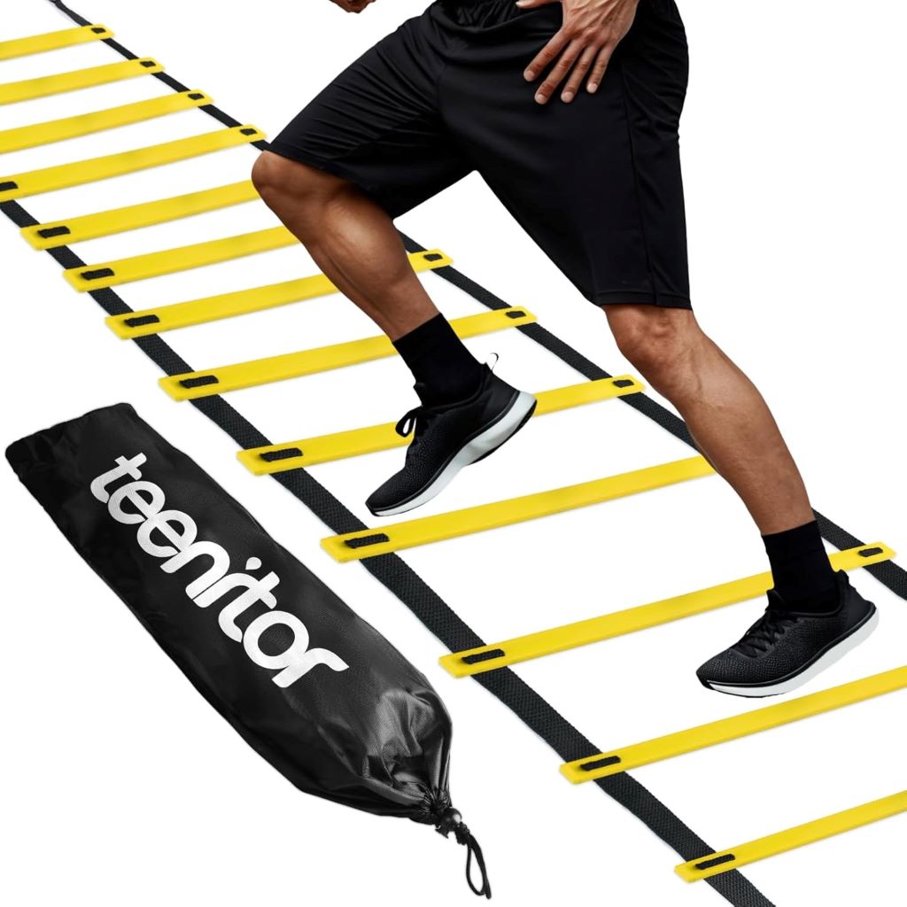 Teenitor 13-rung agility ladder laid out on grass for soccer and fitness training.