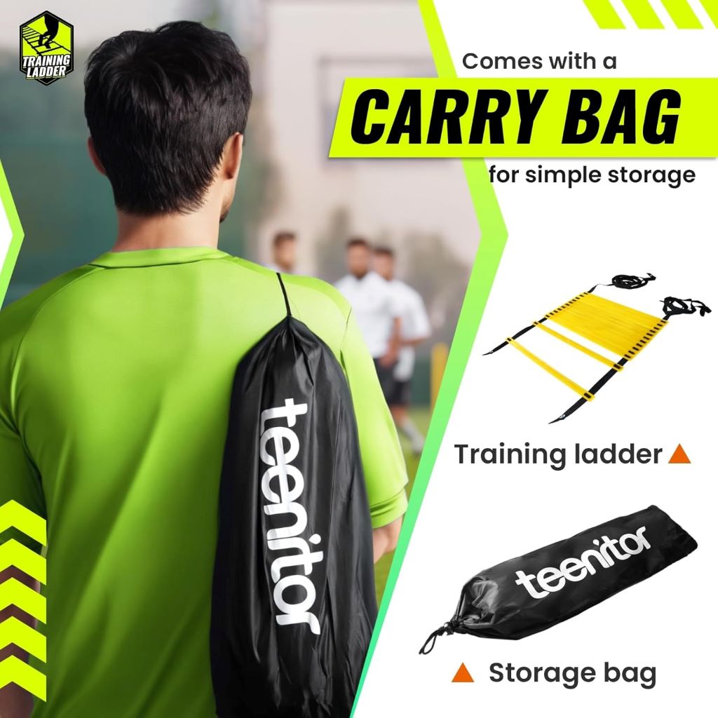 Close-up of Teenitor agility ladder showing rungs and carry bag for easy transport.