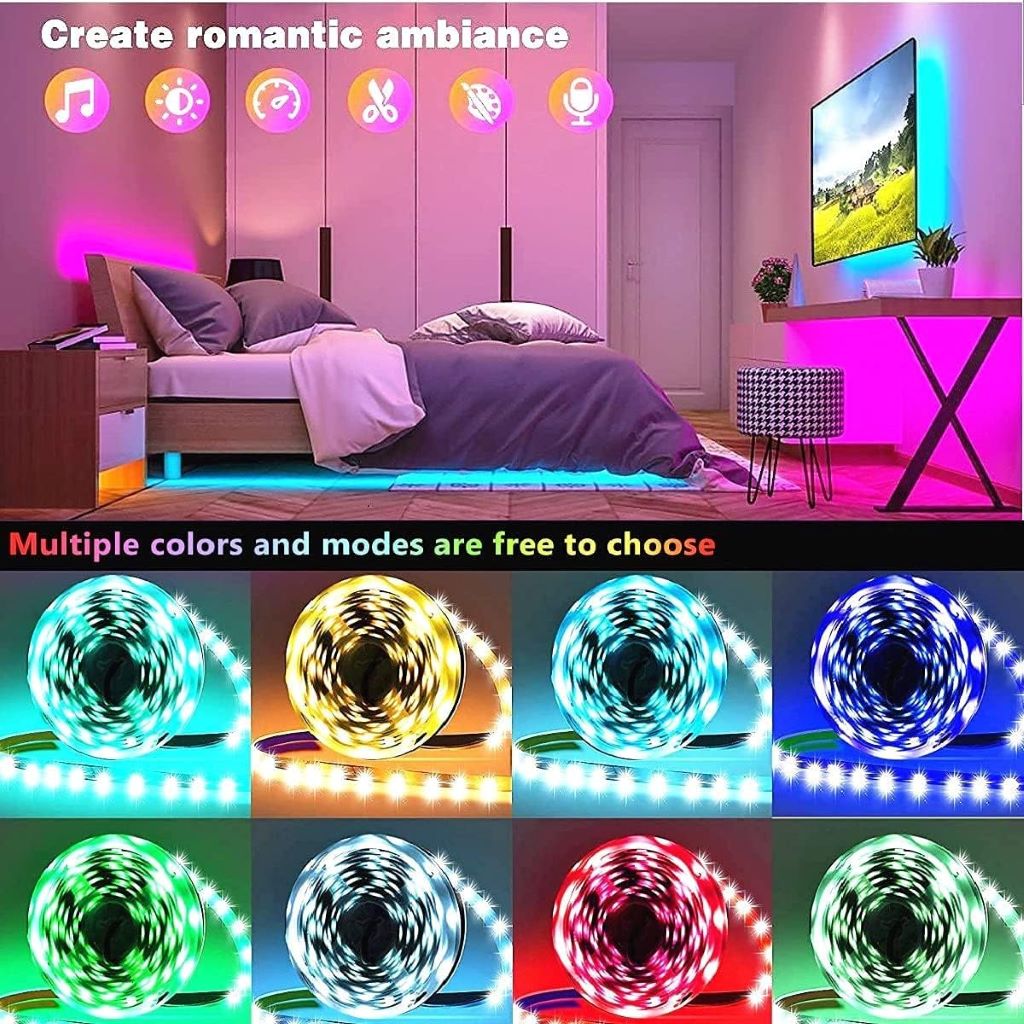 Colorful Tenmiro LED strip lights creating a lively atmosphere in a bedroom, perfect for parties or mood lighting.