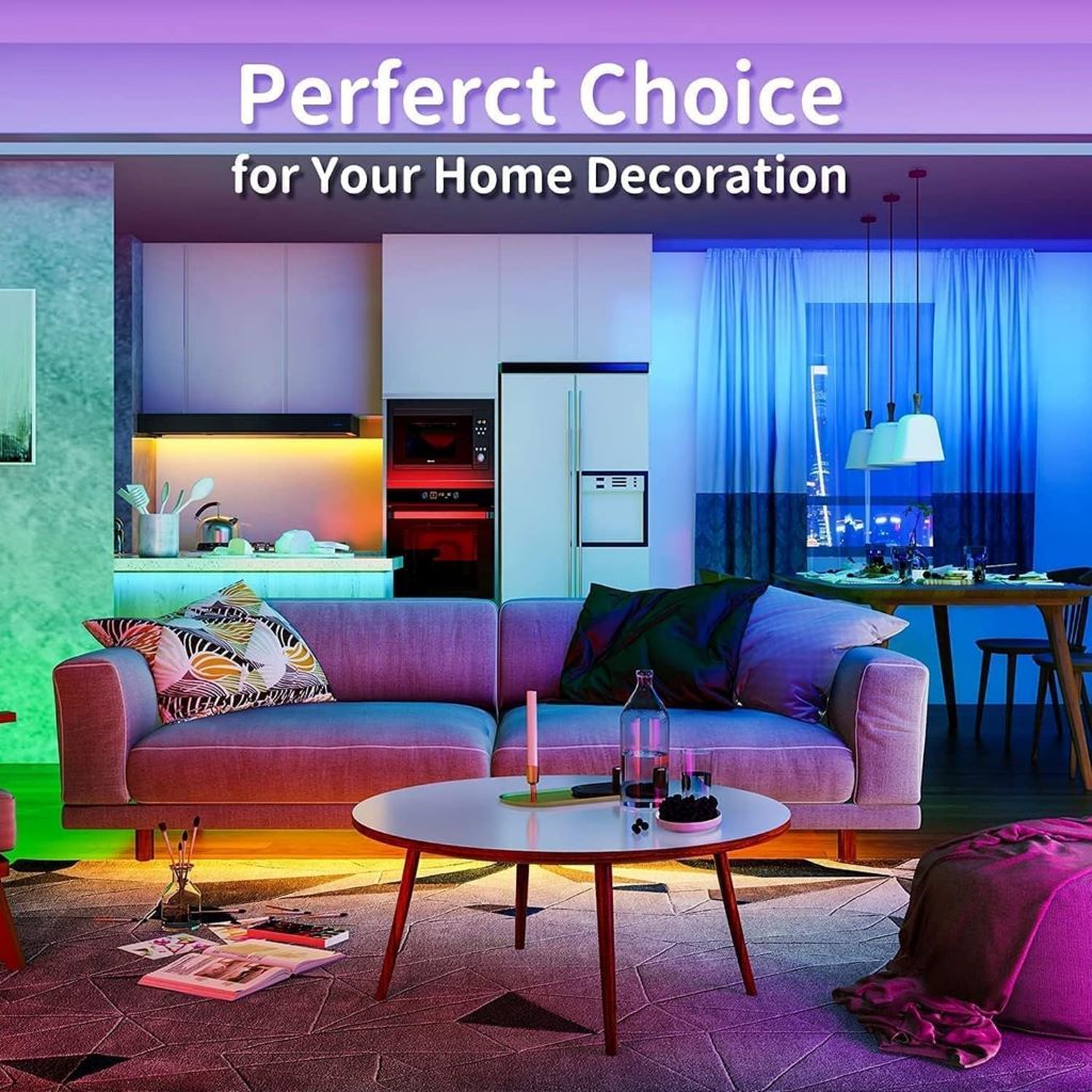 Tenmiro 100ft LED strip lights glowing in multiple colors along a wall, highlighting music sync and remote features.