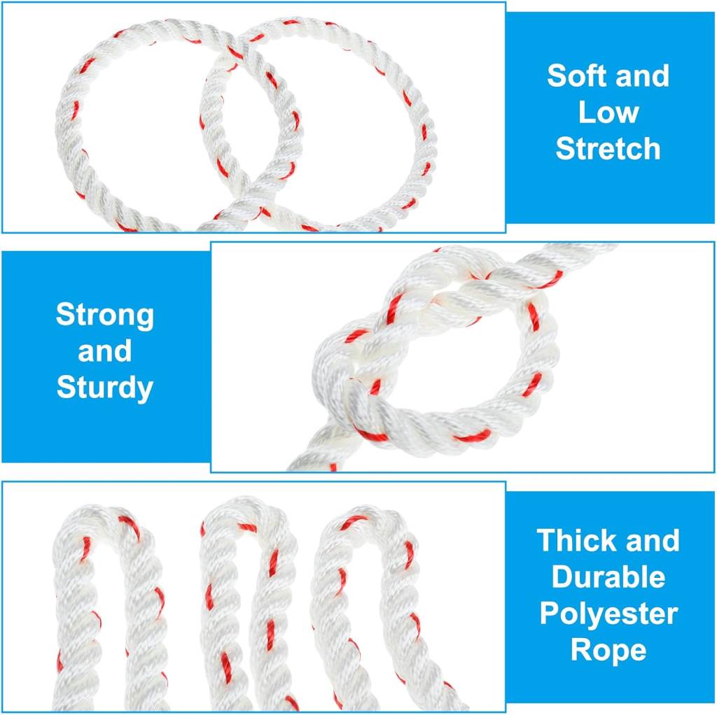 Durable polyester bull rope with red and white pattern, ideal for arborist rigging and climbing use.