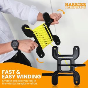 Durable catfish line reel and cord organizer in black, shown with neatly wound trotline for easy deployment and storage