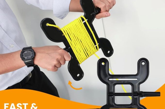 Durable catfish line reel and cord organizer in black, shown with neatly wound trotline for easy deployment and storage