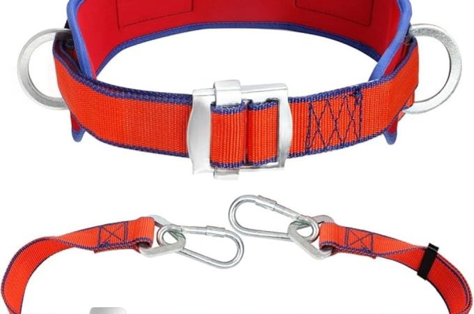 Close-up of Trsmima safety harness with updated waist pad and adjustable lanyard for secure climbing.