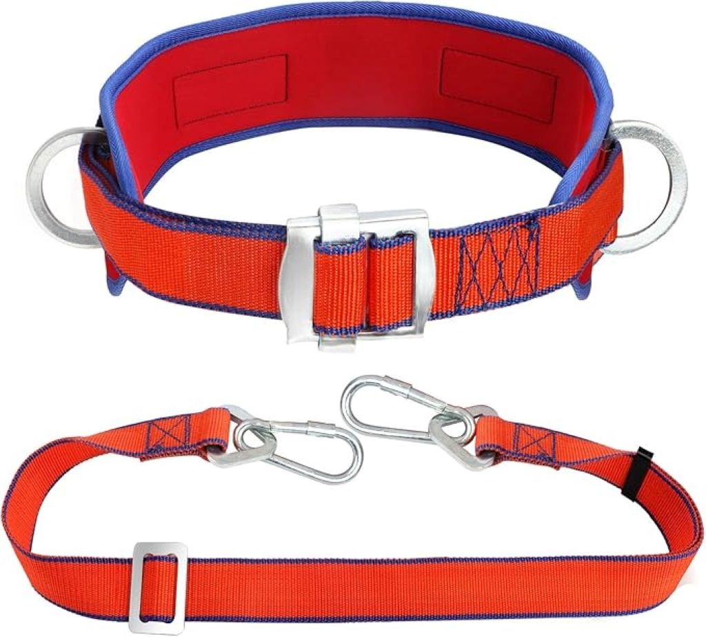 Close-up of Trsmima safety harness with updated waist pad and adjustable lanyard for secure climbing.