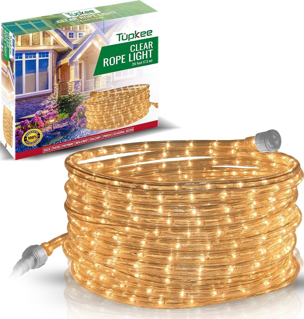 Tupkee 24-foot clear incandescent rope light with warm glow, 10mm diameter, suitable for indoor and outdoor decorative lighting