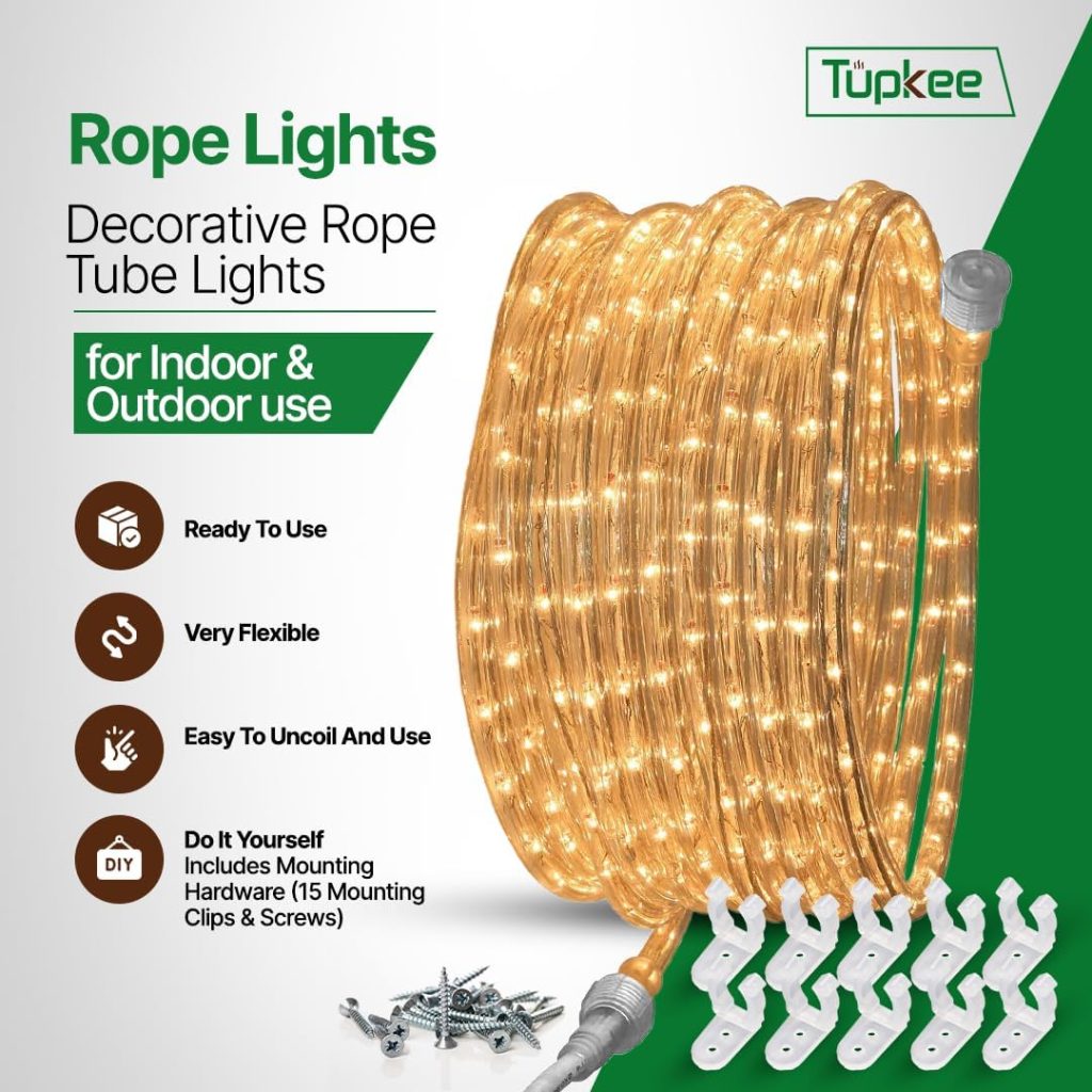 Tupkee 24ft clear incandescent rope light with warm glow, 10mm diameter, designed for indoor and outdoor decorative lighting