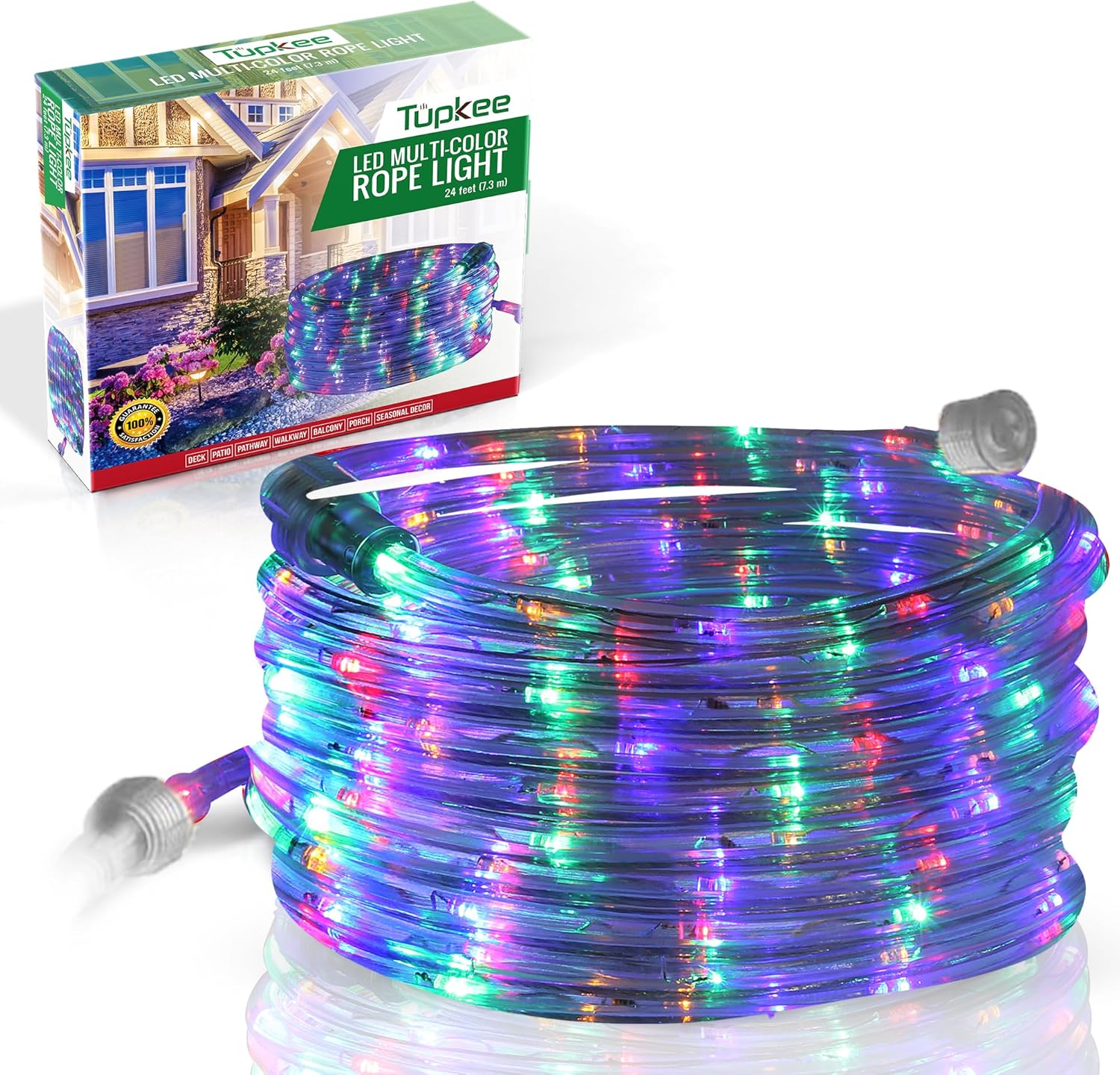 Close-up of Tupkee Multi-Color LED Rope Light glowing with vibrant colors, showing flexible 24-foot rope light suitable for indoor and outdoor decoration.