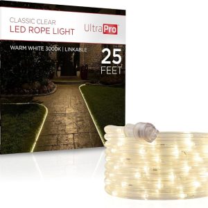 UltraPro 25ft warm white LED rope light coiled neatly, ideal for indoor and outdoor decorative lighting.