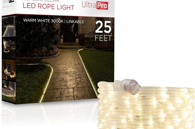 UltraPro 25ft warm white LED rope light coiled neatly, ideal for indoor and outdoor decorative lighting.