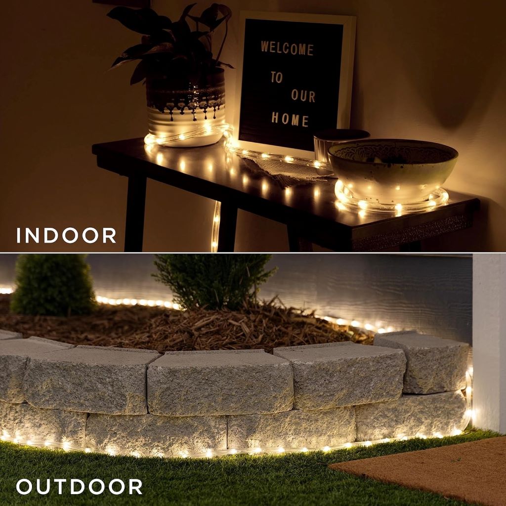 Close-up of UltraPro 25ft LED rope light emitting soft warm white glow, highlighting flexible design and weatherproof casing.