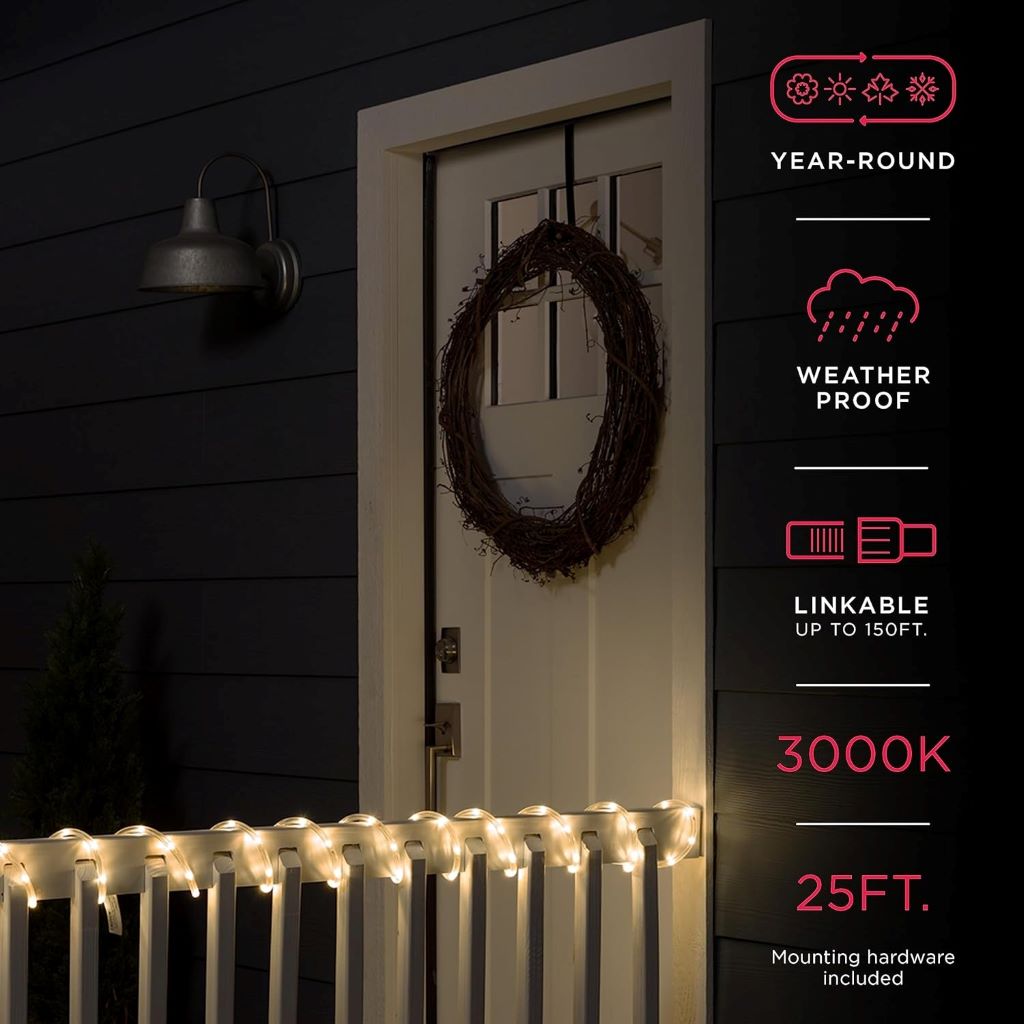 Glowing UltraPro LED rope light wrapped around a patio railing, creating a cozy evening ambiance.