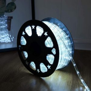 Close-up of DINGFU 50ft LED rope lights installed indoors, emphasizing consistent brightness and waterproof casing.