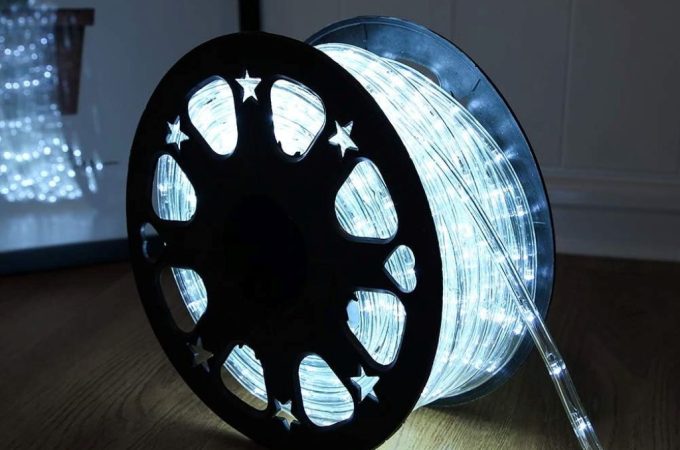 Close-up of DINGFU 50ft LED rope lights installed indoors, emphasizing consistent brightness and waterproof casing.