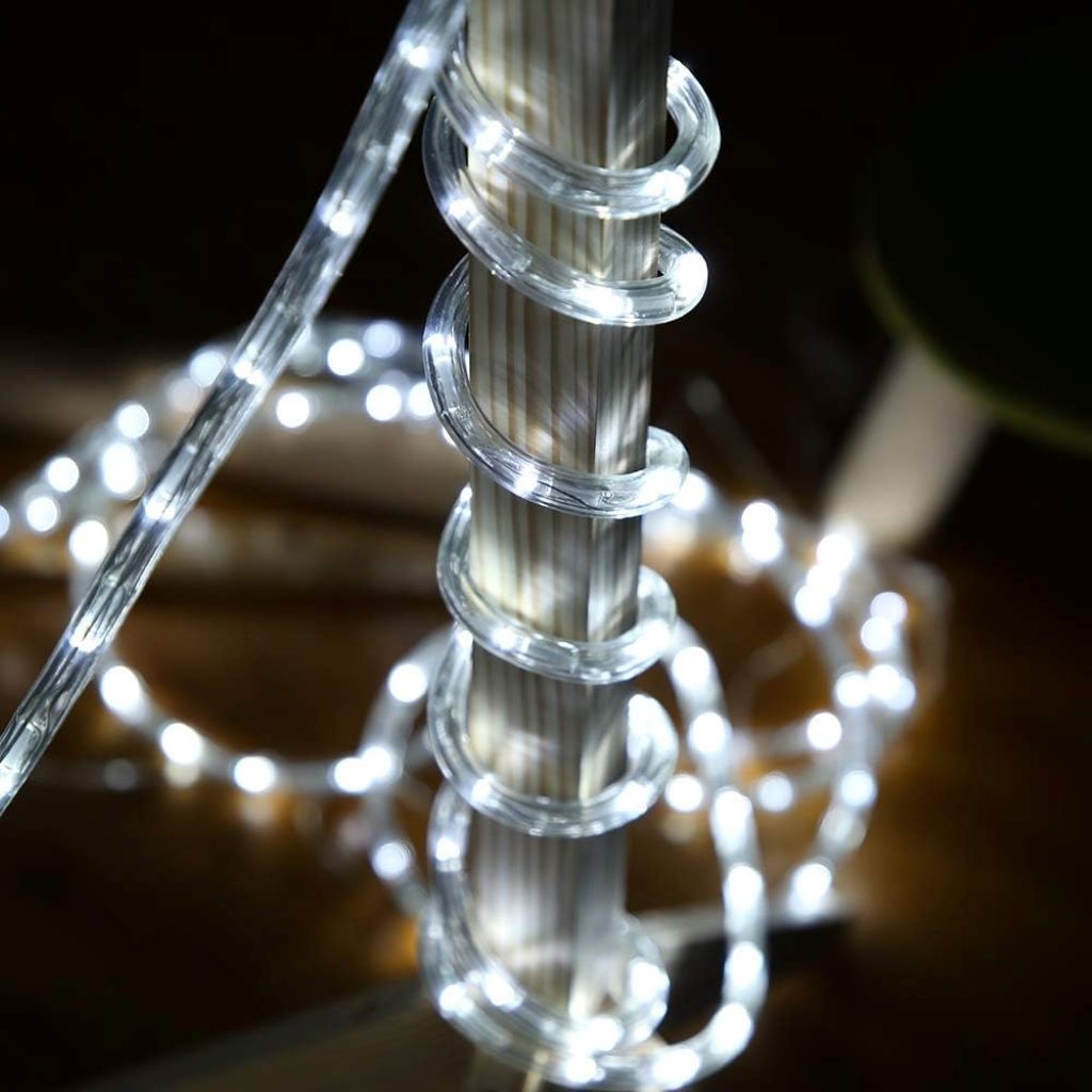 DINGFU 50ft waterproof white LED rope lights neatly arranged, highlighting flexible design and bright illumination.