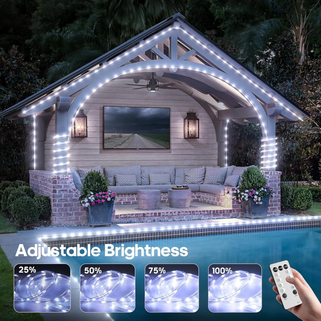 100-foot long waterproof LED rope light strip featuring 720 bright LEDs, with a remote control for easy operation.