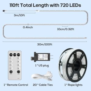 100-foot waterproof rope lights with 720 LED bulbs, featuring remote control for easy operation