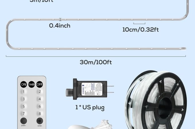 100-foot waterproof rope lights with 720 LED bulbs, featuring remote control for easy operation