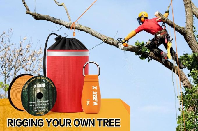 XBEN Arborist Throw Line Kit with 150ft rope and multiple throw weights, ideal for tree climbing and rigging.