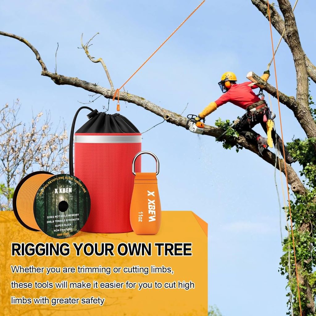 XBEN Arborist Throw Line Kit with 150ft rope and multiple throw weights, ideal for tree climbing and rigging.