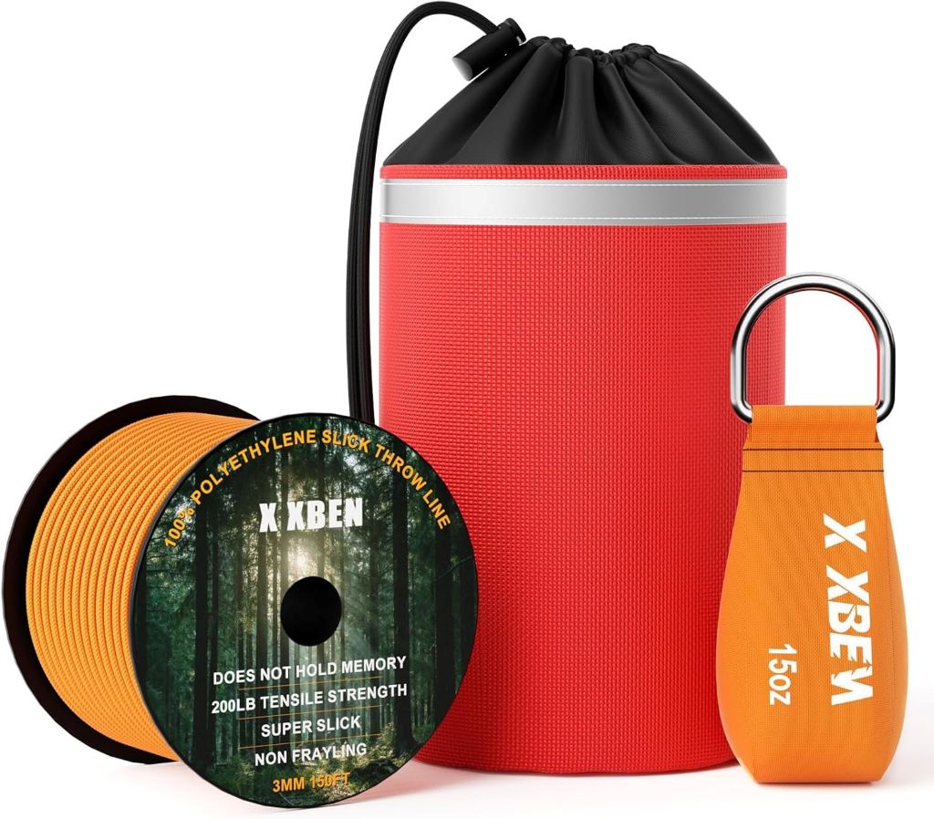 Close-up of XBEN Throw Line Kit showing reflective storage bag, rope, and 9/11/15oz weights for outdoor use.