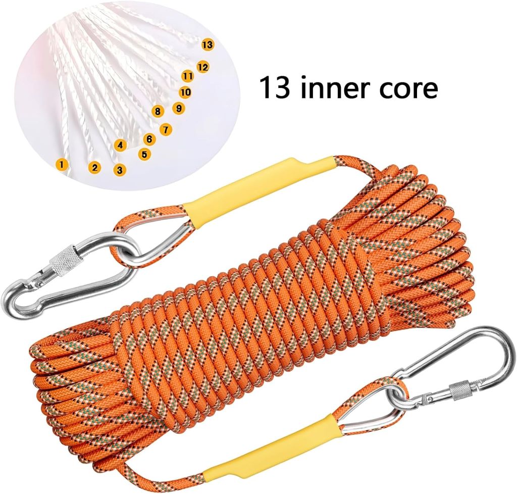 Long XBEN climbing rope stretched out, highlighting strength and versatility for climbing and emergency use.