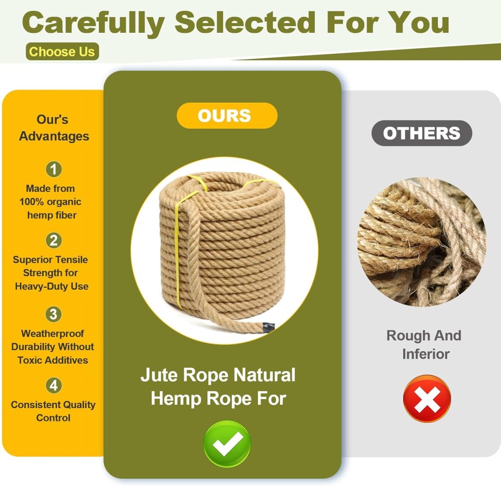 XINSHUNCAN 200ft Heavy Duty Hemp Rope. A close-up shot of a coil of thick, natural-colored hemp rope
