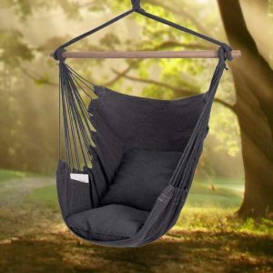 Y-Stop hammock chair with hanging rope design, shown suspended indoors—stylish and sturdy swing chair for relaxation.