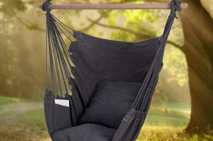Y-Stop hammock chair with hanging rope design, shown suspended indoors—stylish and sturdy swing chair for relaxation.